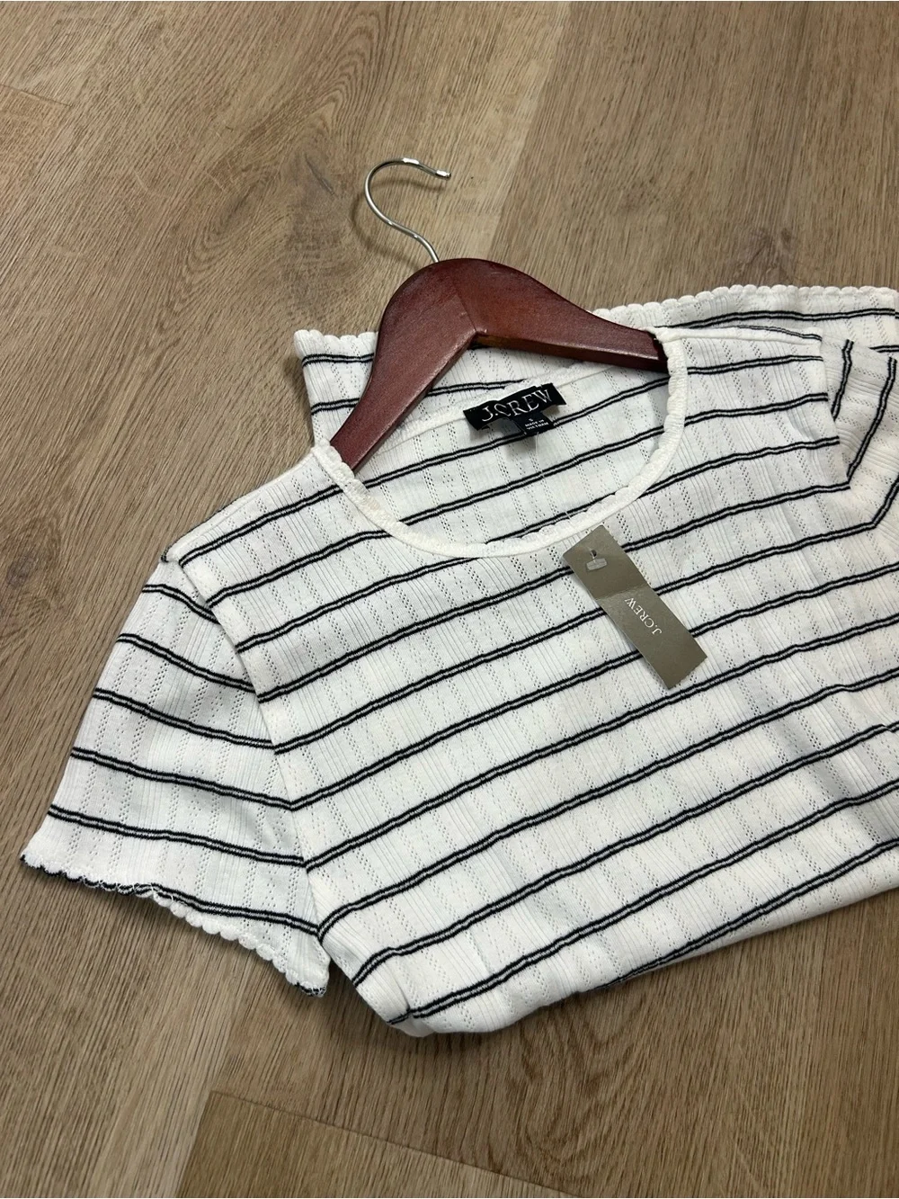 NWT J. Crew 100% Cotton Pointelle Knit White Black Striped Crew Neck T - Shirt